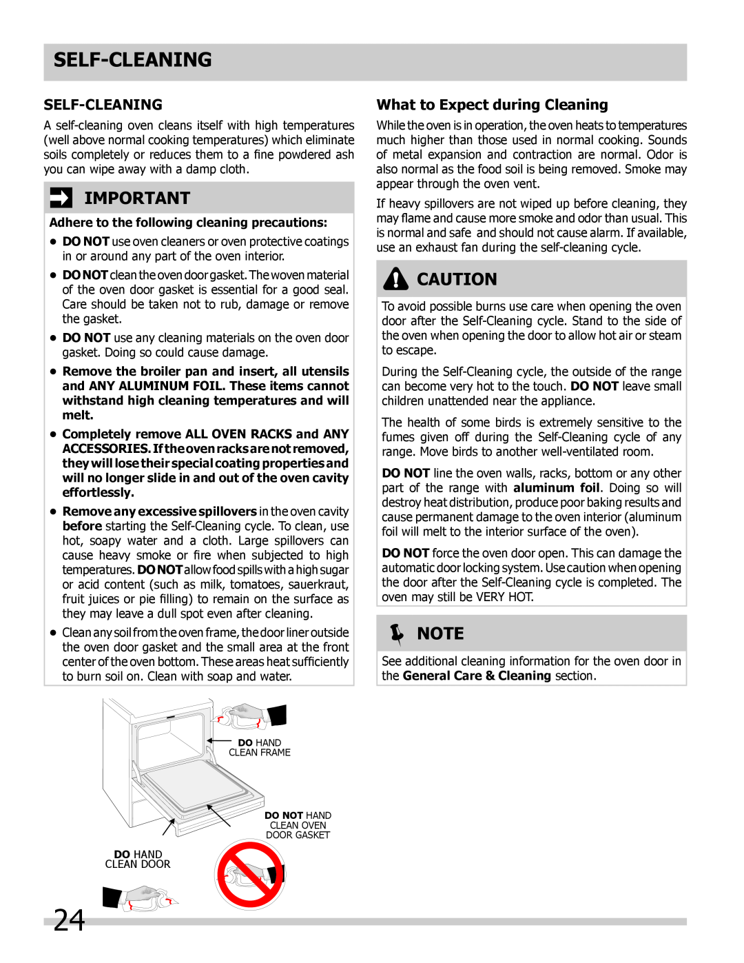Frigidaire FGET2765KF Self-Cleaning, What to Expect during Cleaning, Adhere to the following cleaning precautions,  Note 