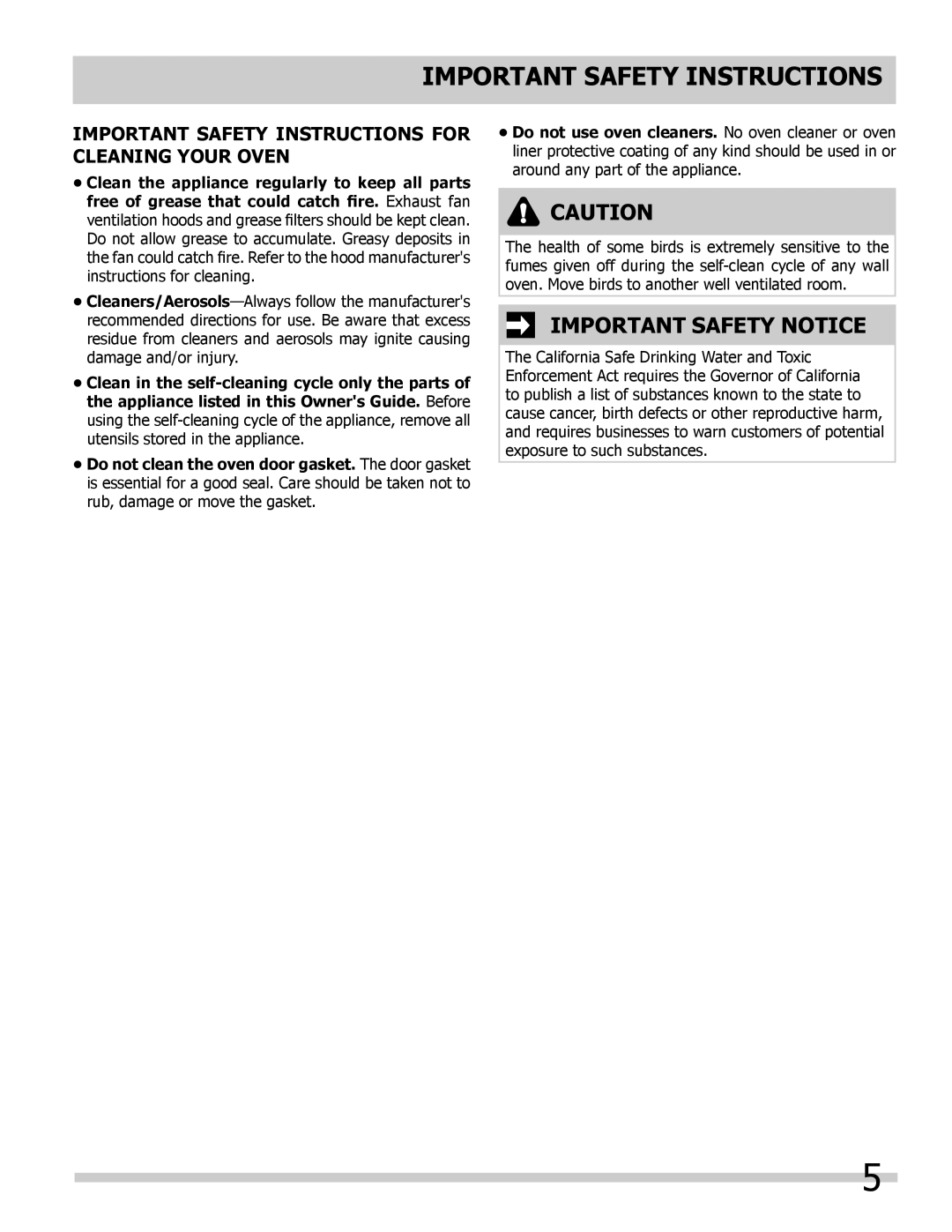 Frigidaire FGET3065KW, FPET3085KF, FPET2785KF Important Safety Notice, Important Safety Instructions For Cleaning Your Oven 