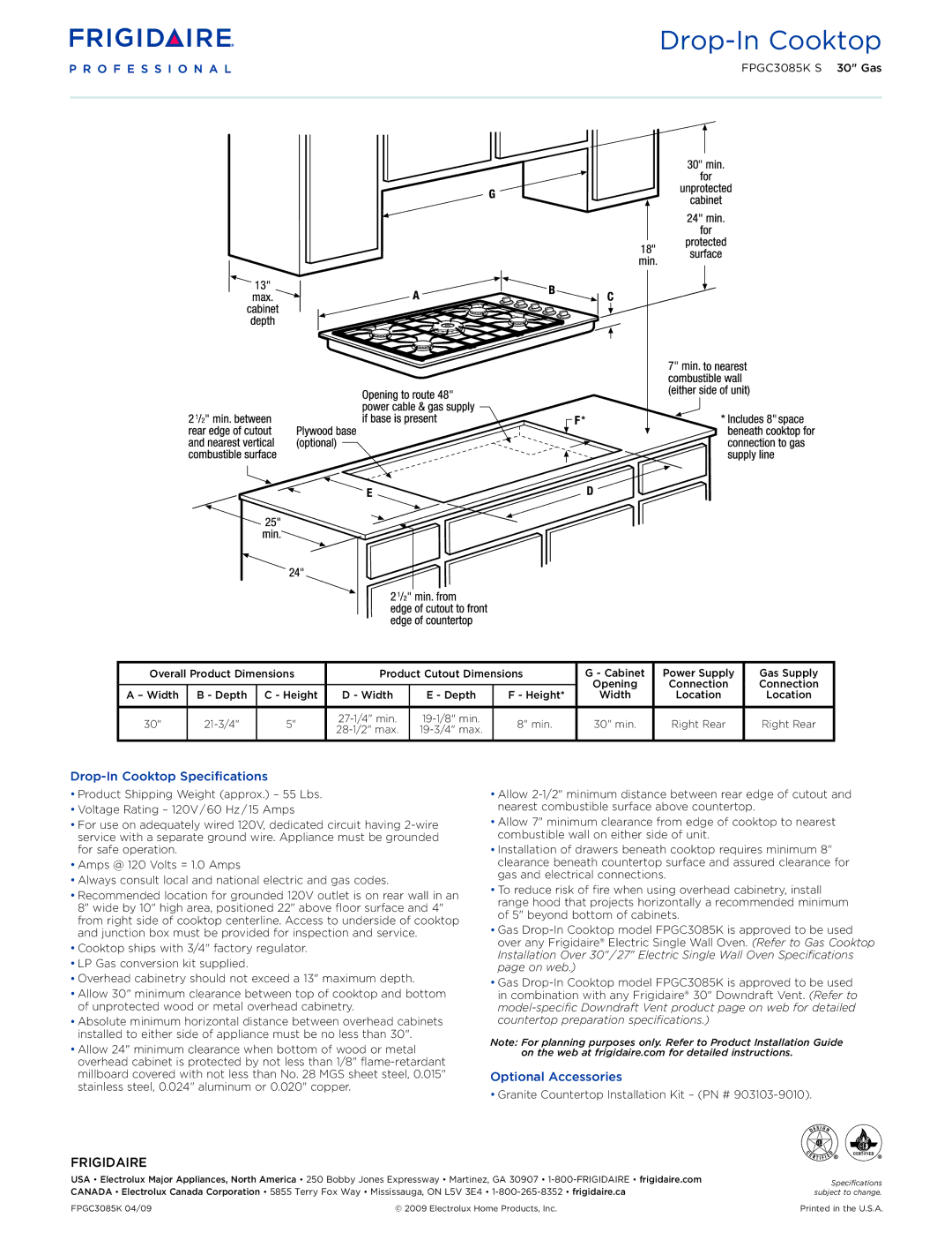 Frigidaire FPGC3085KS dimensions Drop-In Cooktop Specifications, Optional Accessories 