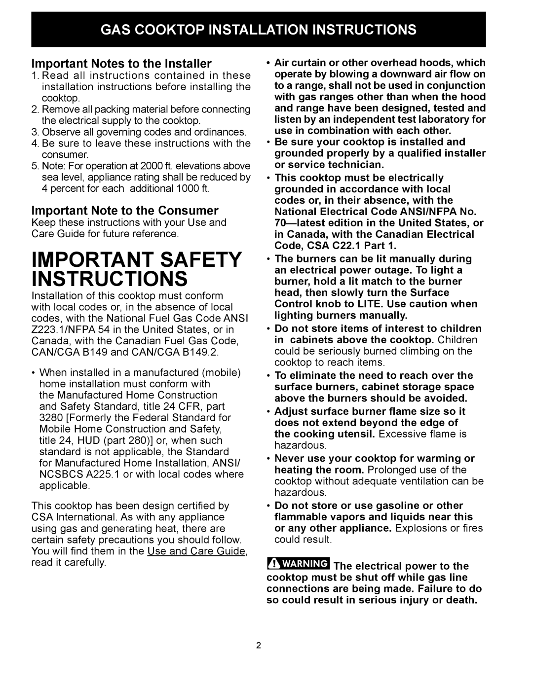 Frigidaire FPGC3087MS installation instructions Important Notes to the Installer, Important Note to the Consumer 