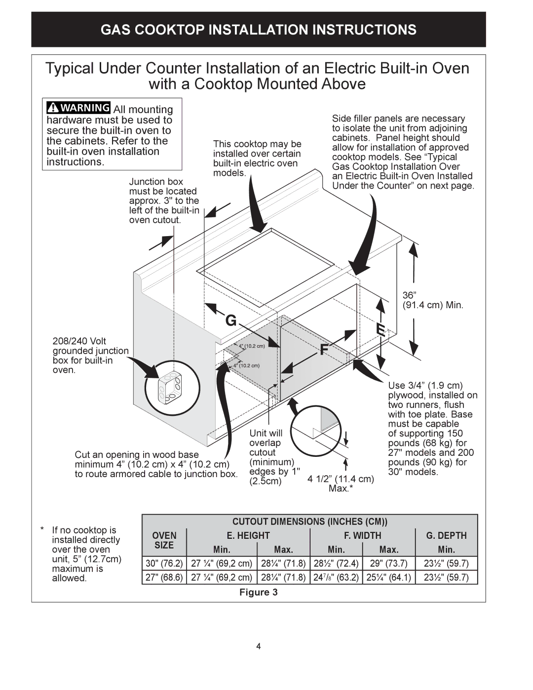 Frigidaire FPGC3087MS installation instructions Cutout Dimensions Inches CM Oven Height Width 