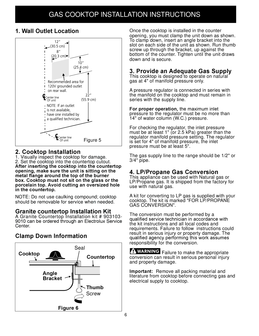 Frigidaire FPGC3087MS Wall Outlet Location Cooktop Installation, Granite countertop Installation Kit 