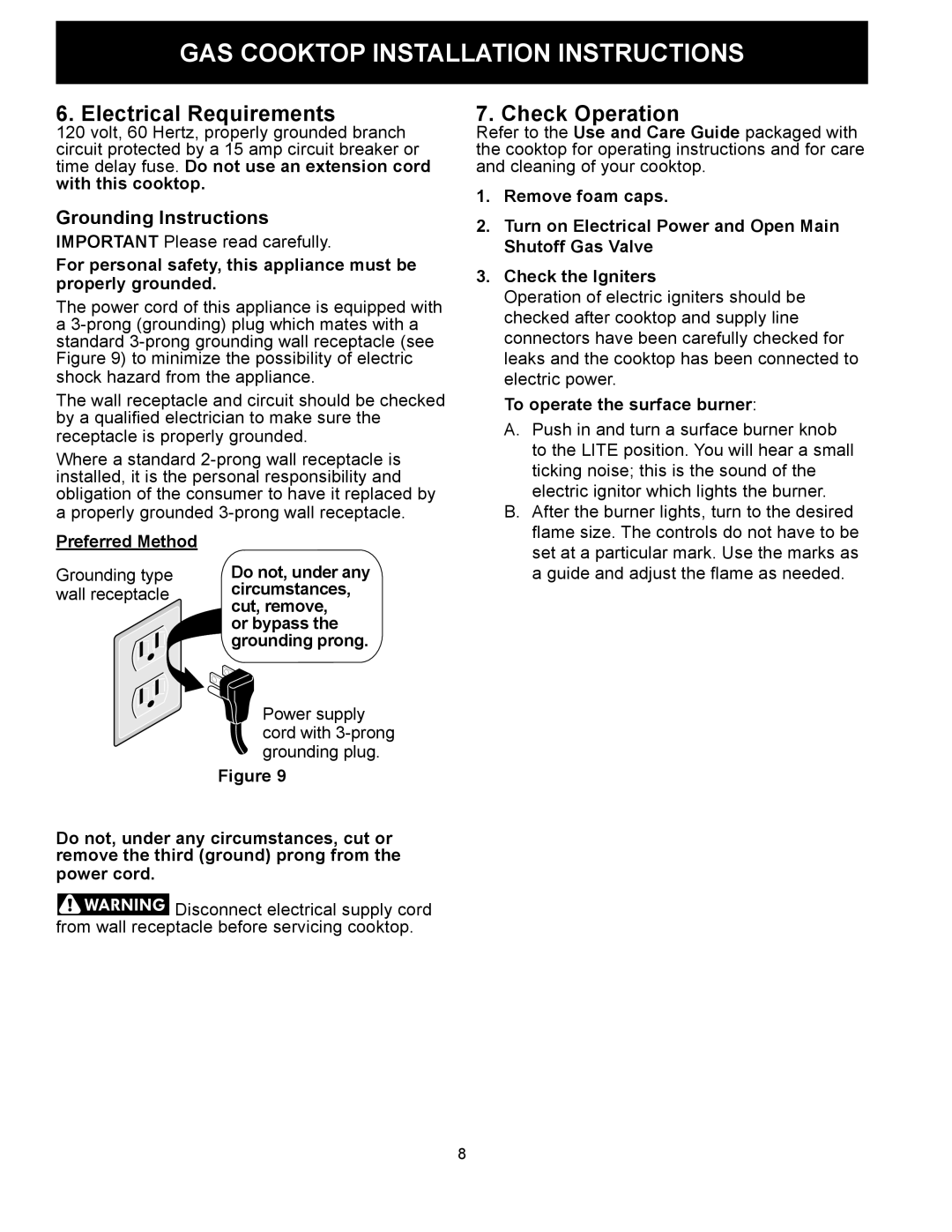 Frigidaire FPGC3087MS installation instructions Electrical Requirements, Check Operation 