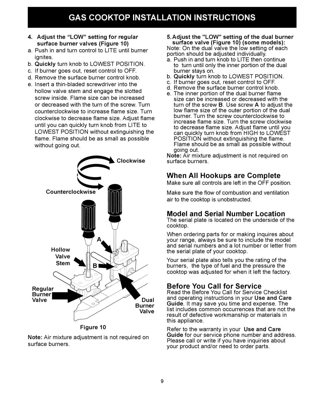 Frigidaire FPGC3087MS When All Hookups are Complete, Model and Serial Number Location, Before You Call for Service 