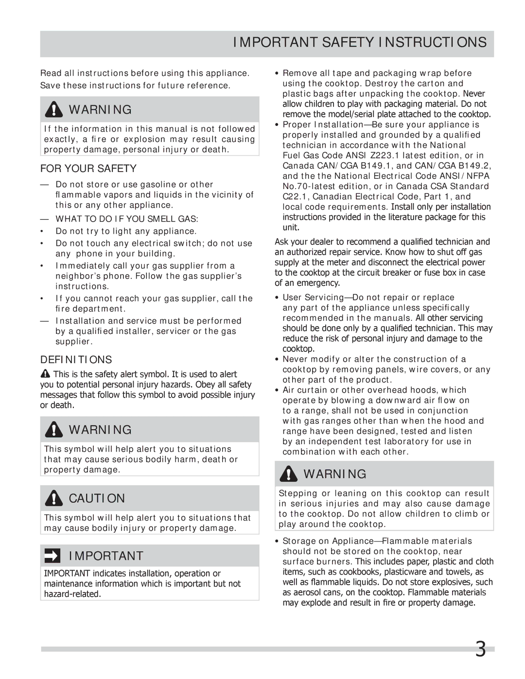 Frigidaire FPGC3087MS Important Safety Instructions, For Your Safety, Definitions, What to do if YOU Smell GAS 