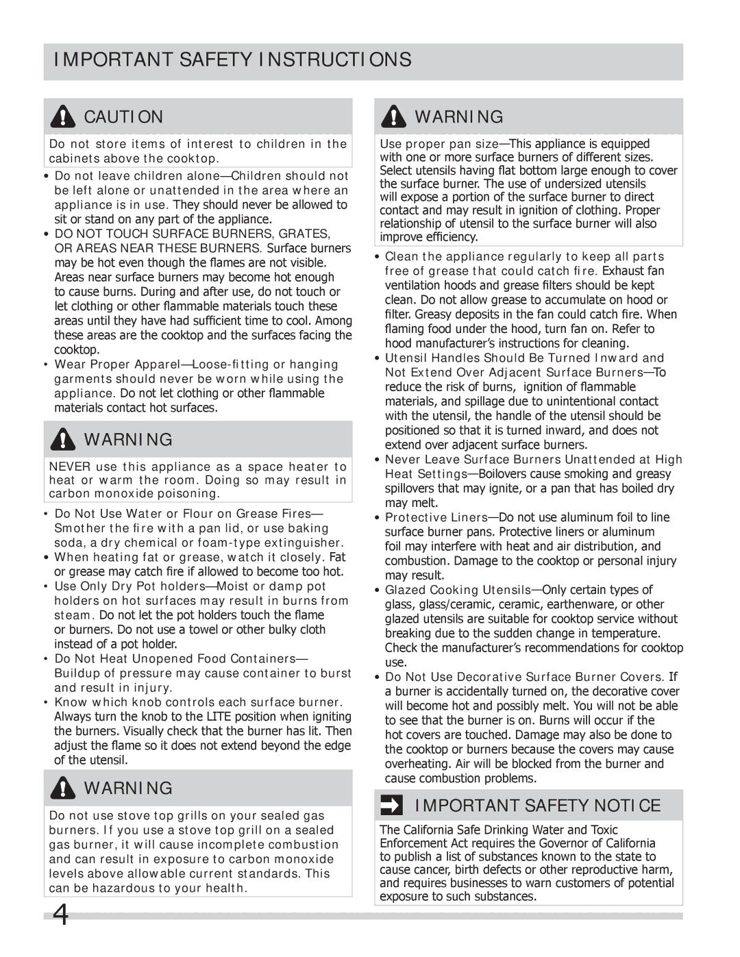 Frigidaire FPGC3087MS important safety instructions Important Safety Notice 