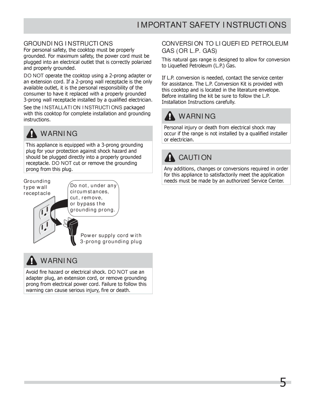 Frigidaire FPGC3087MS Grounding Instructions, Conversion to Liquefied Petroleum GAS or L.P. GAS 