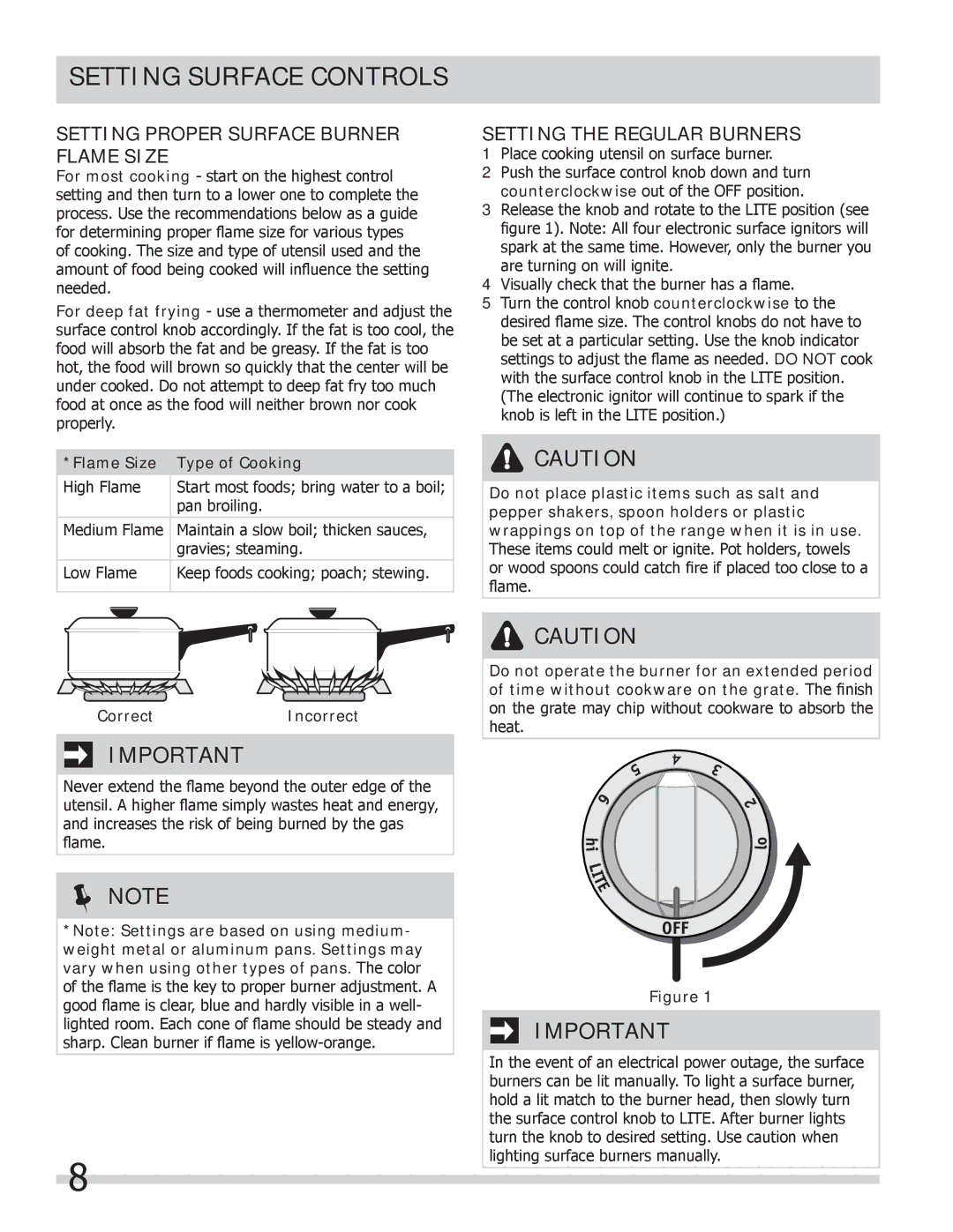 Frigidaire FPGC3087MS Setting Surface Controls, Setting Proper Surface Burner Flame Size, Setting the Regular Burners 