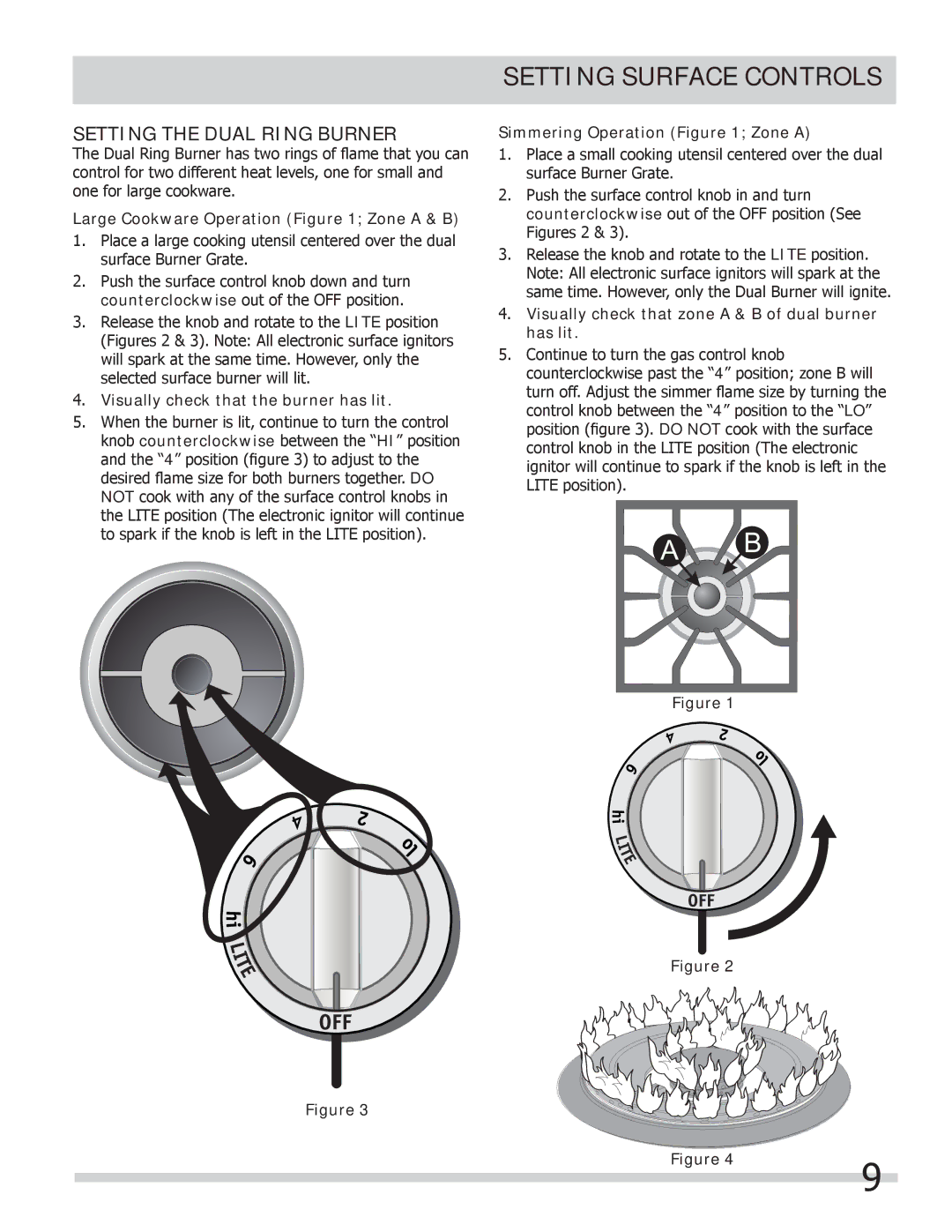 Frigidaire FPGC3087MS Setting the Dual Ring Burner, Large Cookware Operation Zone a & B, Simmering Operation Zone a 