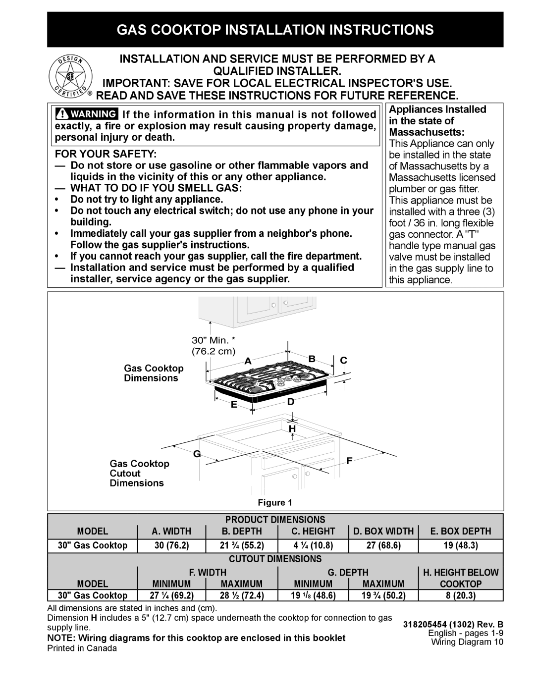 Frigidaire FPGC3087MS installation instructions Gas Cooktop Installation Instructions 