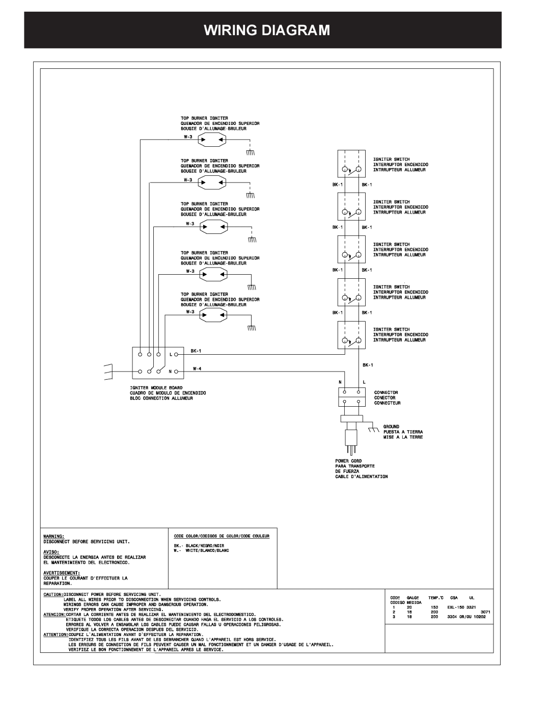Frigidaire FPGC3087MS installation instructions Wiring Diagram 