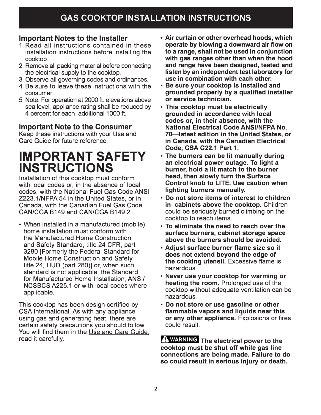 Frigidaire FPGC3087MS Important Notes to the Installer, Important Note to the Consumer, Important Safety Instructions 