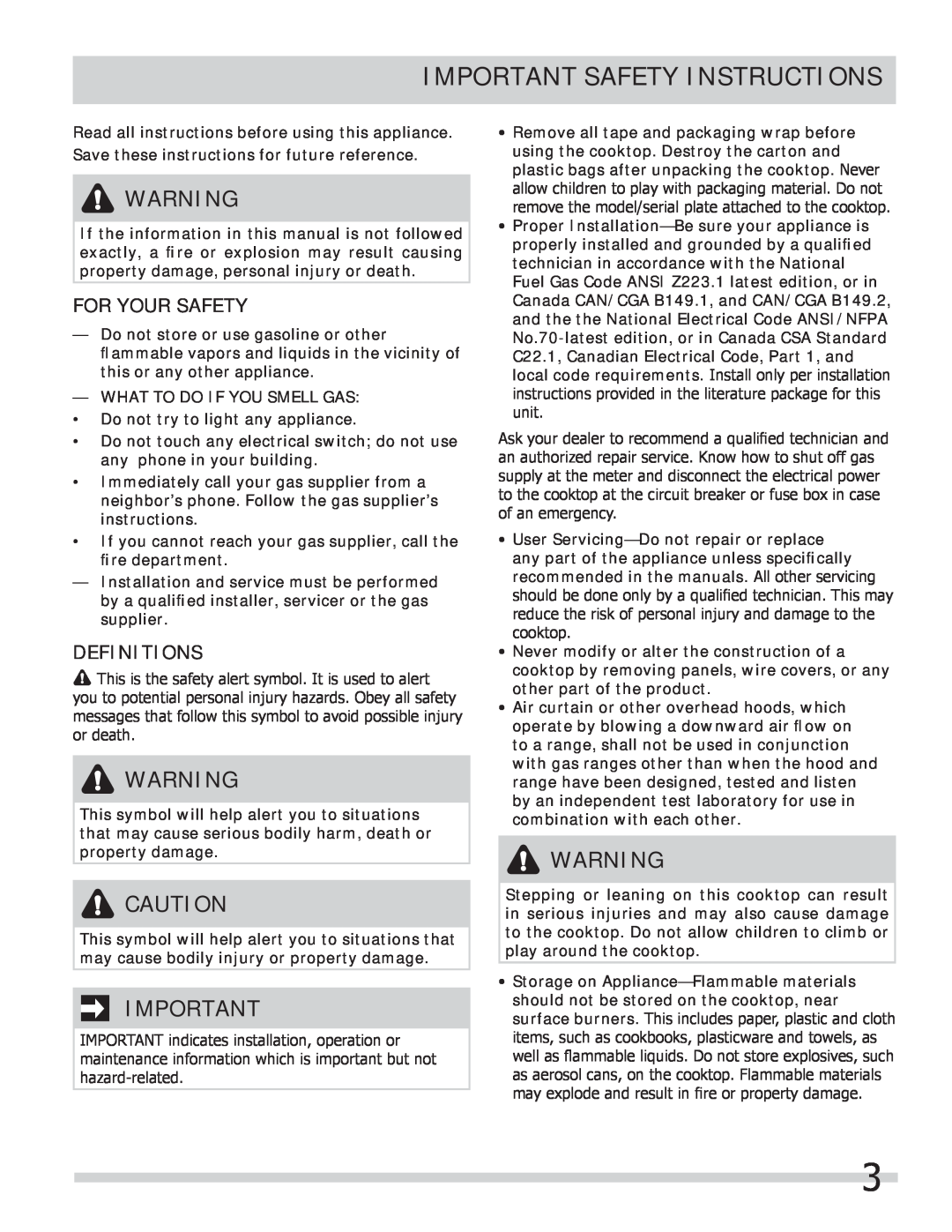 Frigidaire FPGC3087MS Important Safety Instructions, For Your Safety, Definitions, Do not store or use gasoline or other 