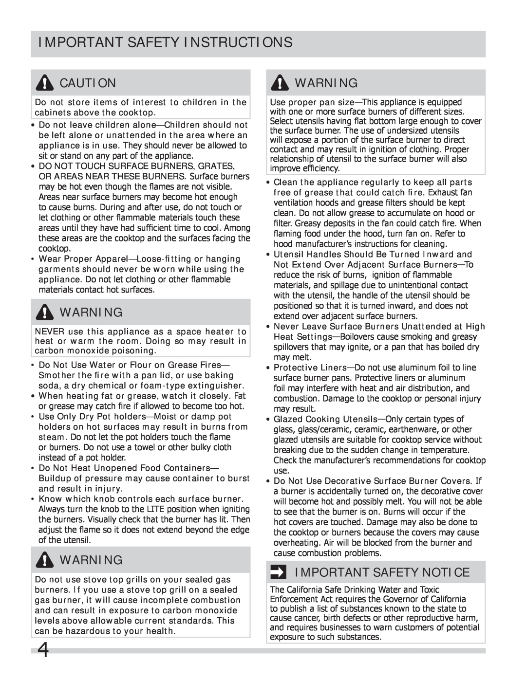 Frigidaire FPGC3087MS important safety instructions Important Safety Notice, Important Safety Instructions 
