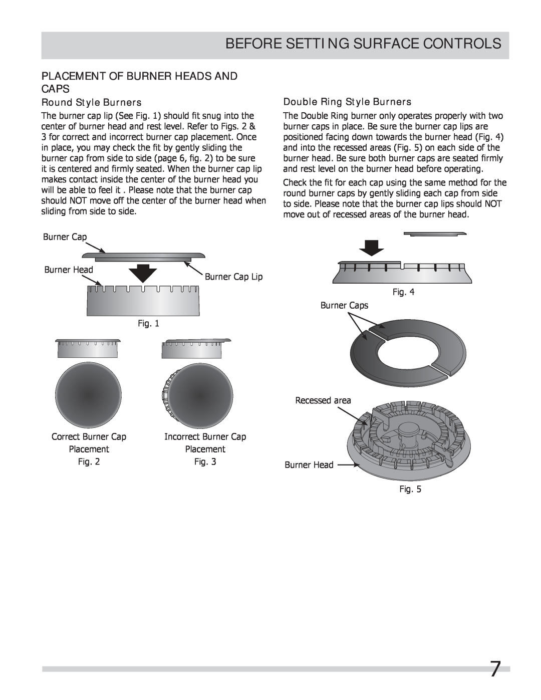 Frigidaire FPGC3087MS Round Style Burners, Double Ring Style Burners, Before Setting Surface Controls 