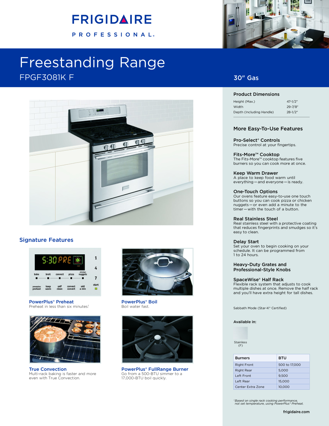 Frigidaire FPGF3081K F dimensions Product Dimensions, Pro-SelectControls, Fits-MoreCooktop, Keep Warm Drawer, Delay Start 