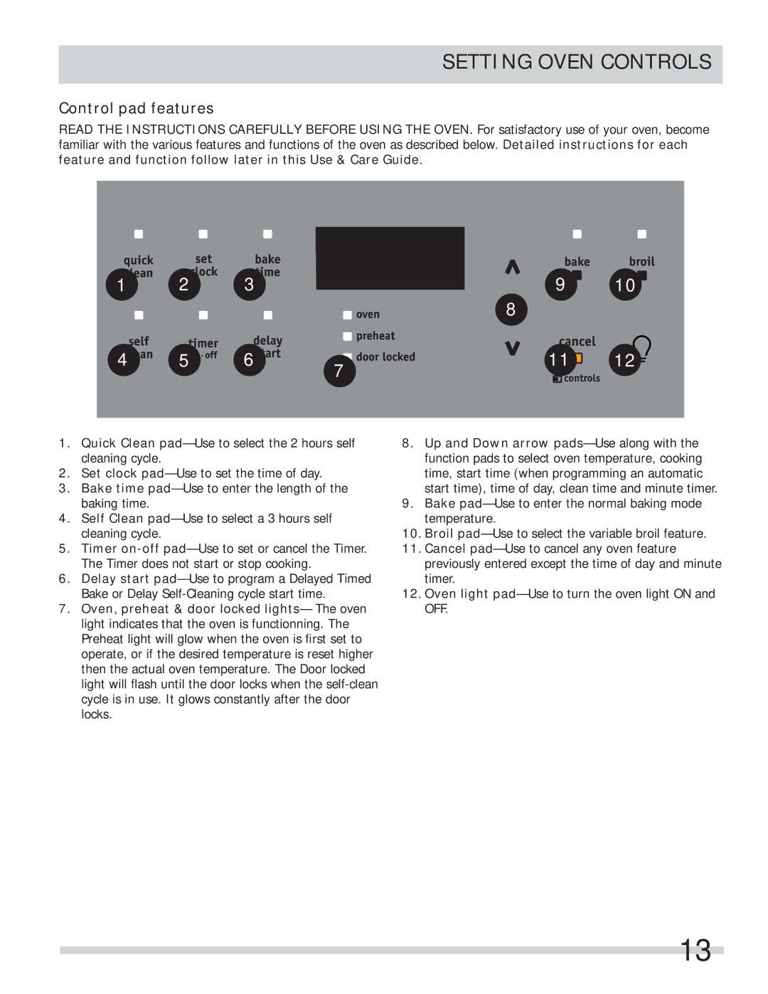 Frigidaire FPGF3685LS important safety instructions Setting Oven Controls, Control pad features 