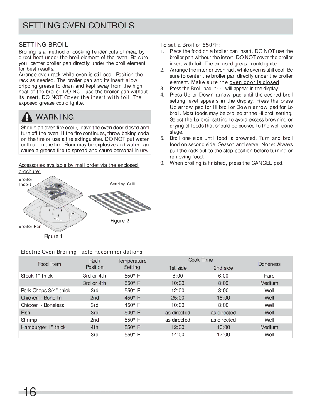 Frigidaire FPGF3685LS Setting Broil, Electric Oven Broiling Table Recommendations, To set a Broil of 550F 