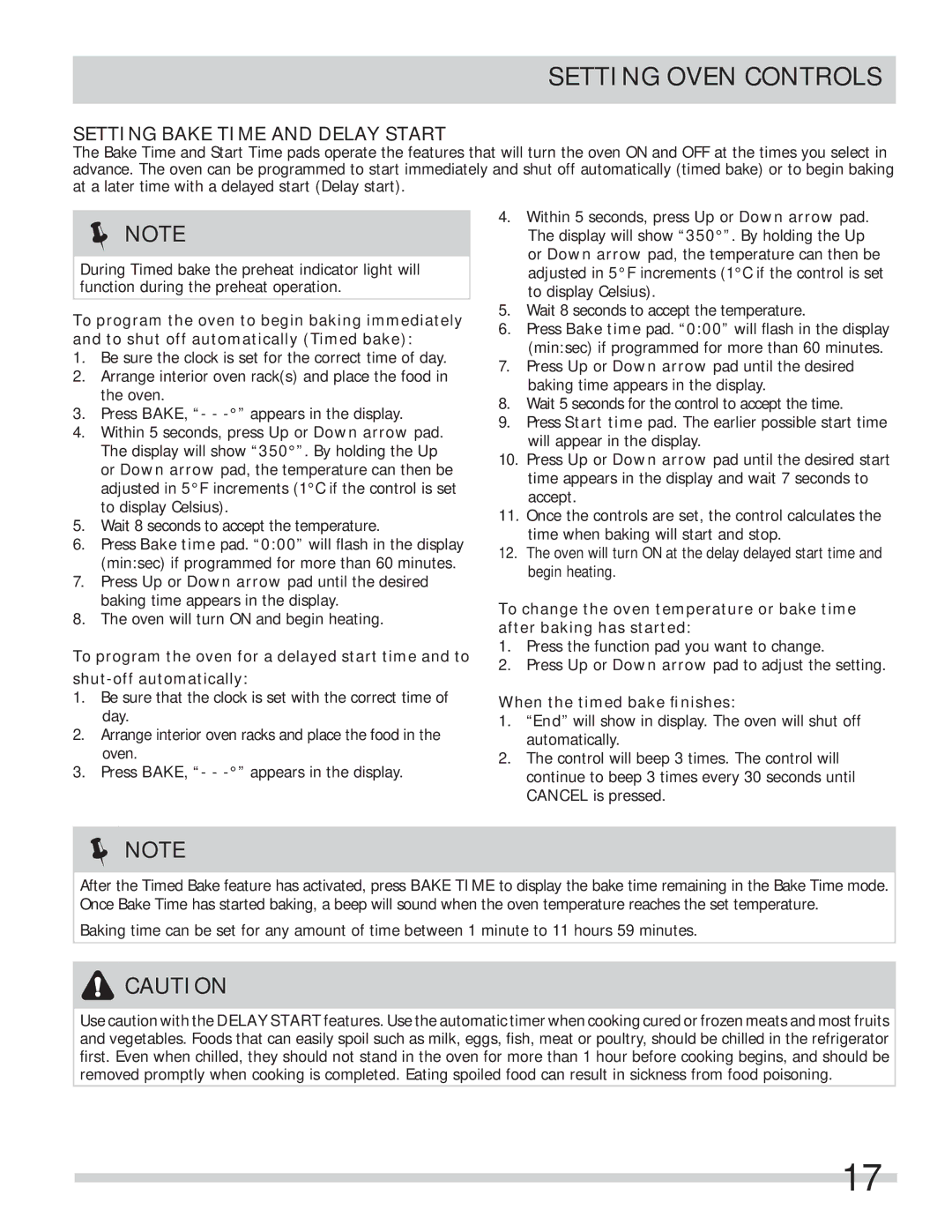 Frigidaire FPGF3685LS important safety instructions Setting Bake Time and Delay Start, When the timed bake ﬁnishes 