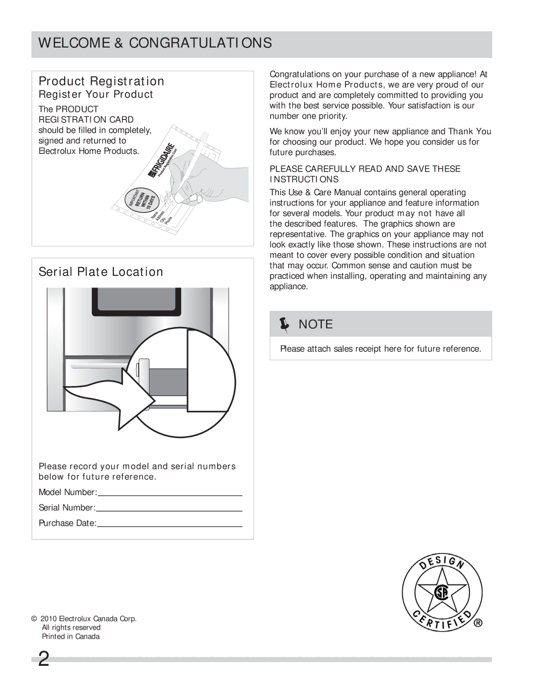 Frigidaire FPGF3685LS Welcome & Congratulations, Register Your Product, Please Carefully Read and Save These Instructions 