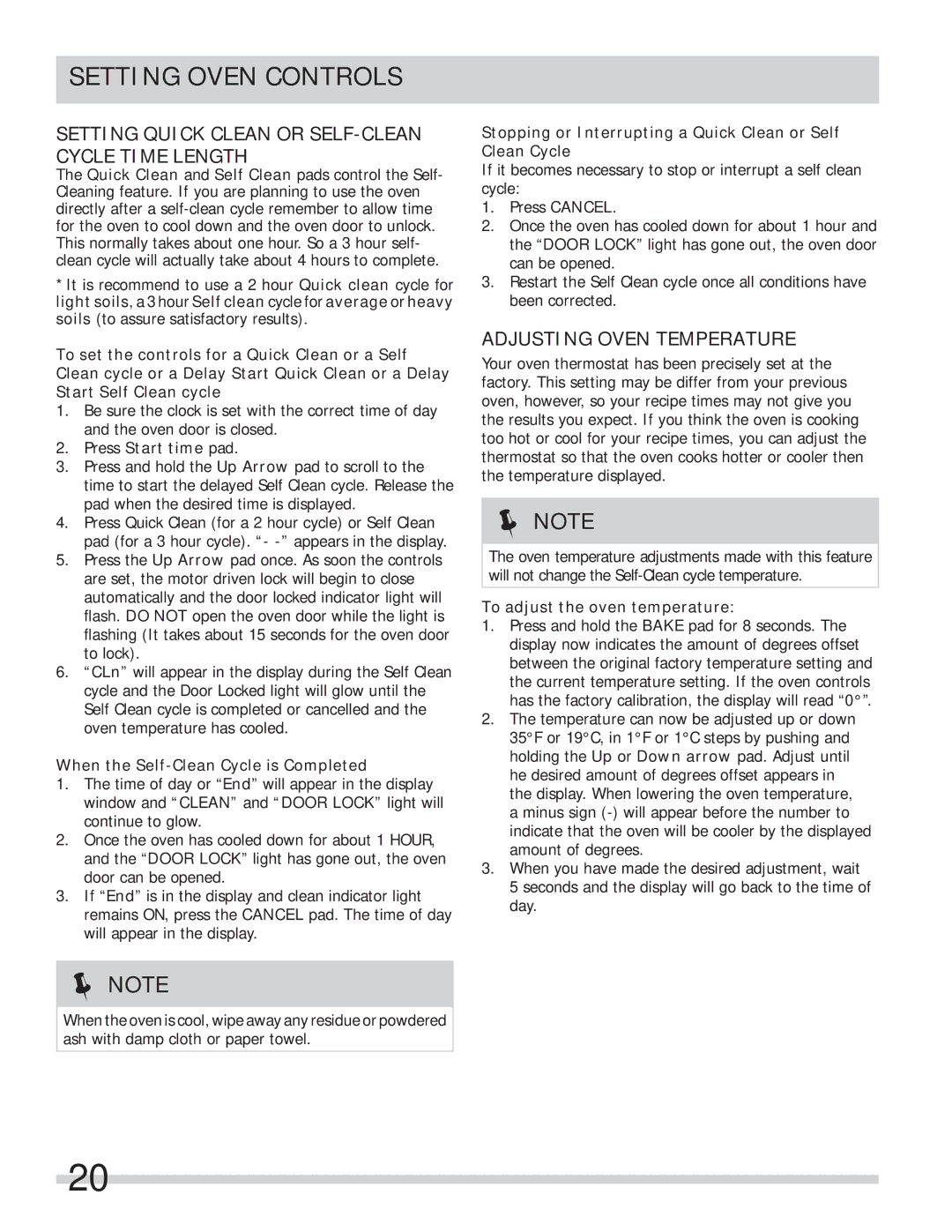 Frigidaire FPGF3685LS Setting Quick Clean or SELF-CLEAN Cycle Time Length, Adjusting Oven Temperature 