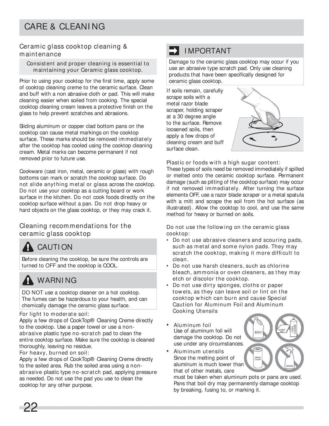 Frigidaire FPGF3685LS important safety instructions Care & Cleaning, Ceramic glass cooktop cleaning & maintenance 