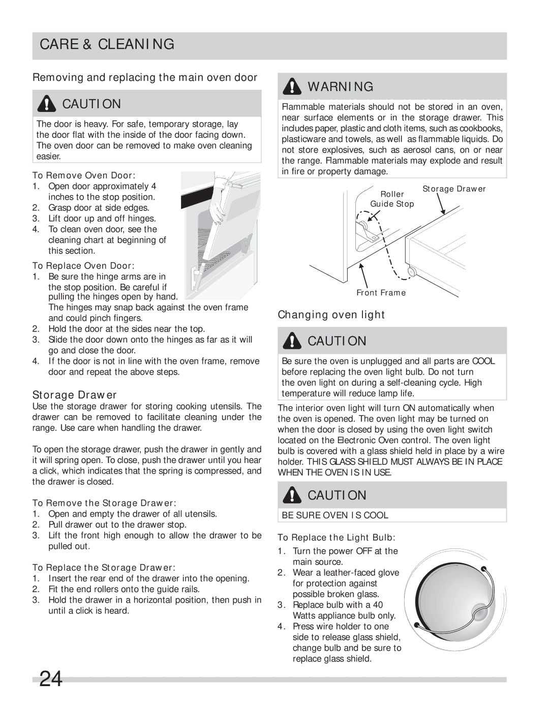 Frigidaire FPGF3685LS Removing and replacing the main oven door, Storage Drawer, Changing oven light, Be Sure Oven is Cool 