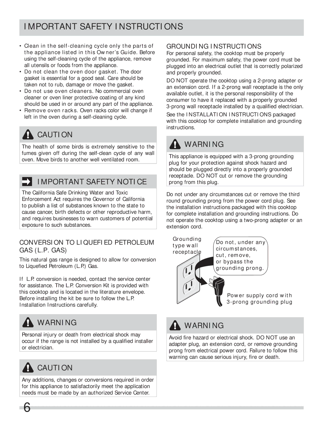 Frigidaire FPGF3685LS important safety instructions Conversion to Liquefied Petroleum GAS L.P. GAS, Grounding Instructions 