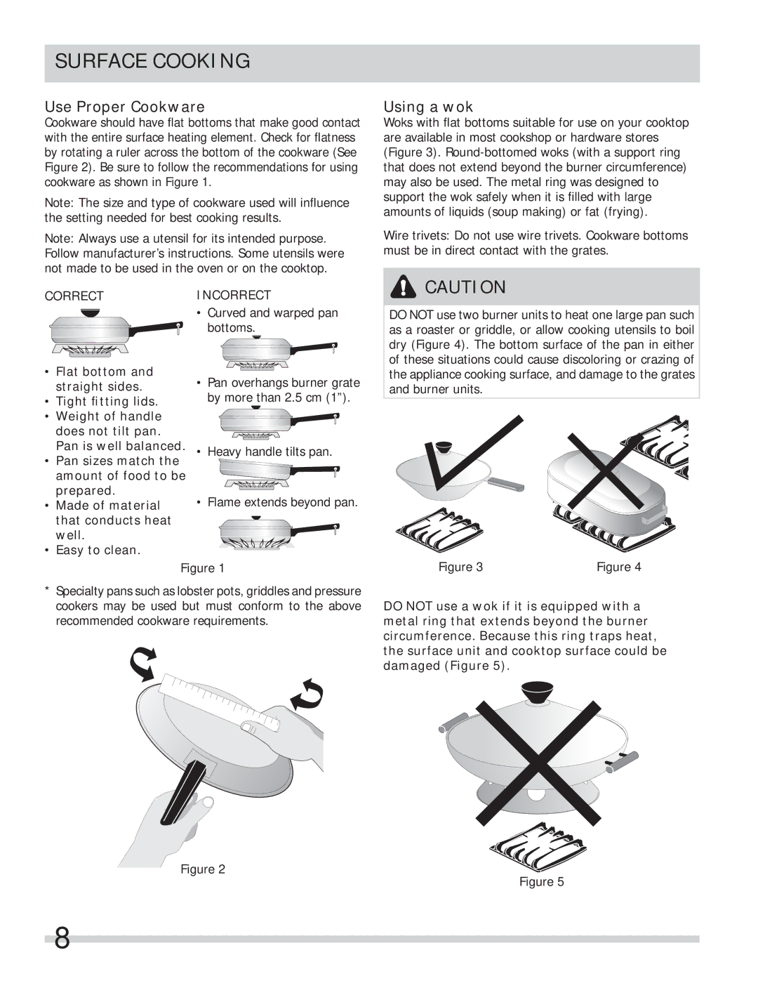 Frigidaire FPGF3685LS important safety instructions Surface Cooking, Use Proper Cookware, Using a wok, Correctincorrect 