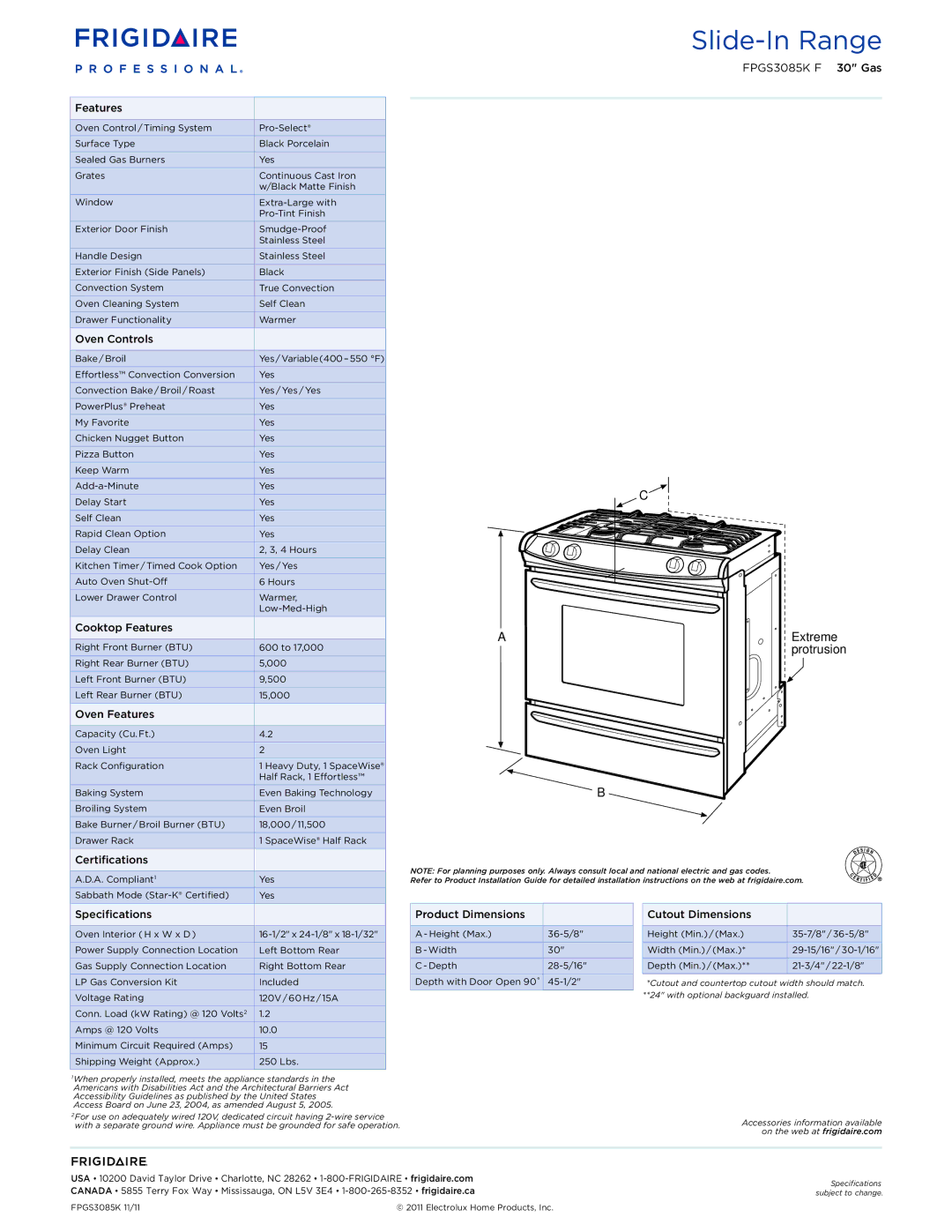 Frigidaire FPGS3085K F dimensions Extreme, Features 