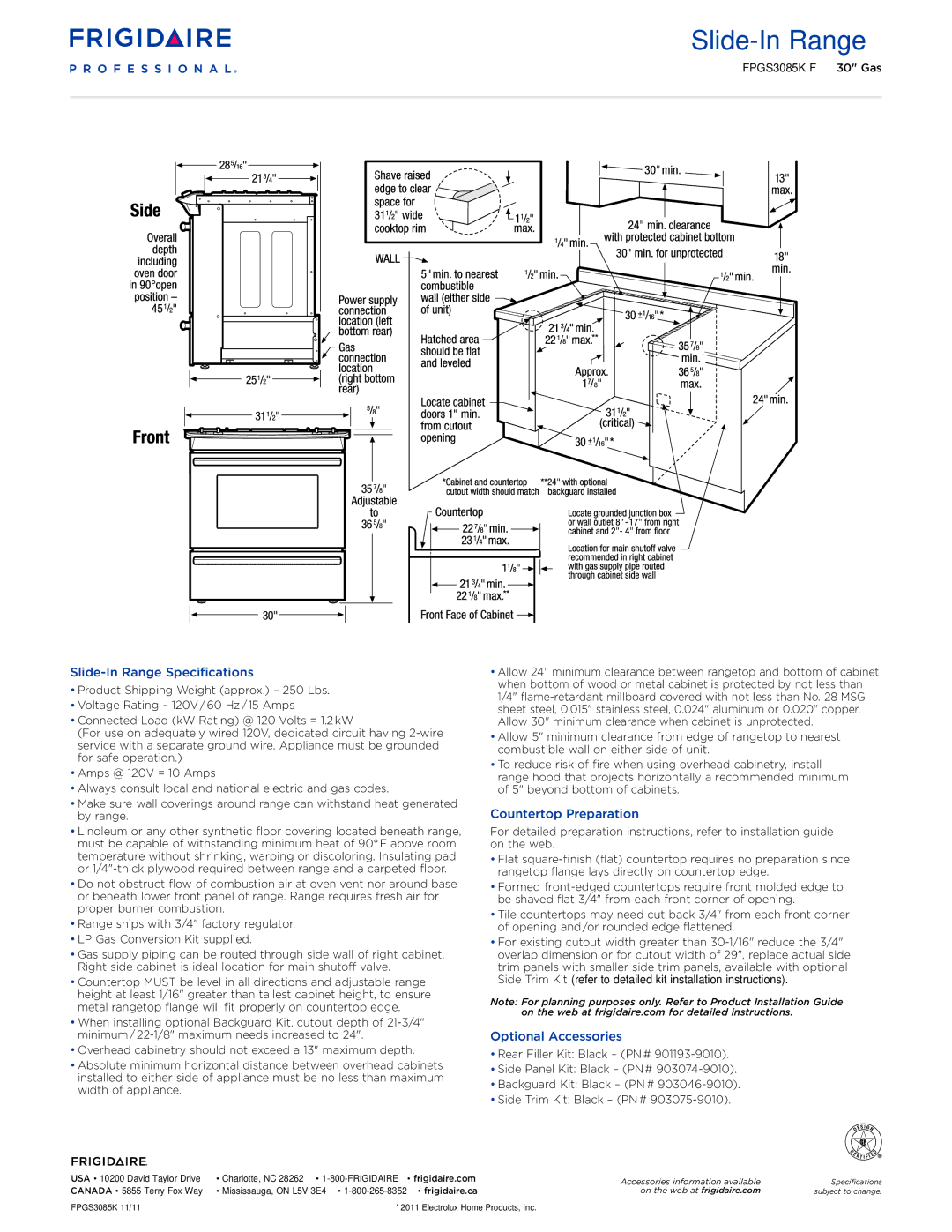 Frigidaire FPGS3085K F dimensions Slide-In Range Specifications, Countertop Preparation, Optional Accessories 