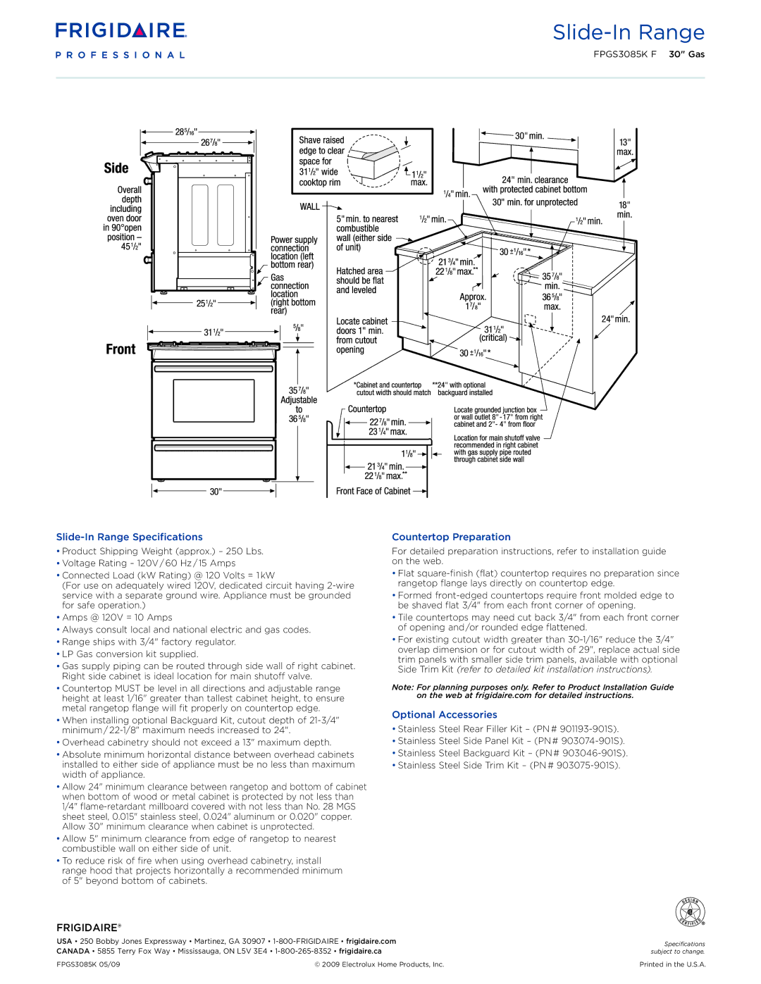 Frigidaire FPGS3085K F dimensions Slide-In Range Specifications, Countertop Preparation, Optional Accessories 