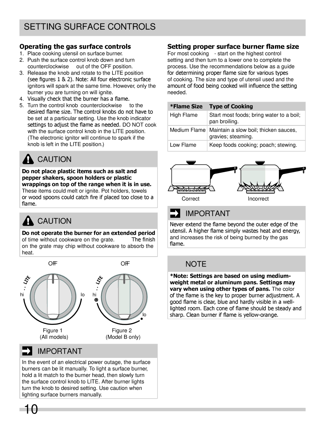 Frigidaire FGGS3045KB, FPGS3085KF, FGGS3065KF, FGGS3065KW Setting Surface Controls, Operating the gas surface controls 