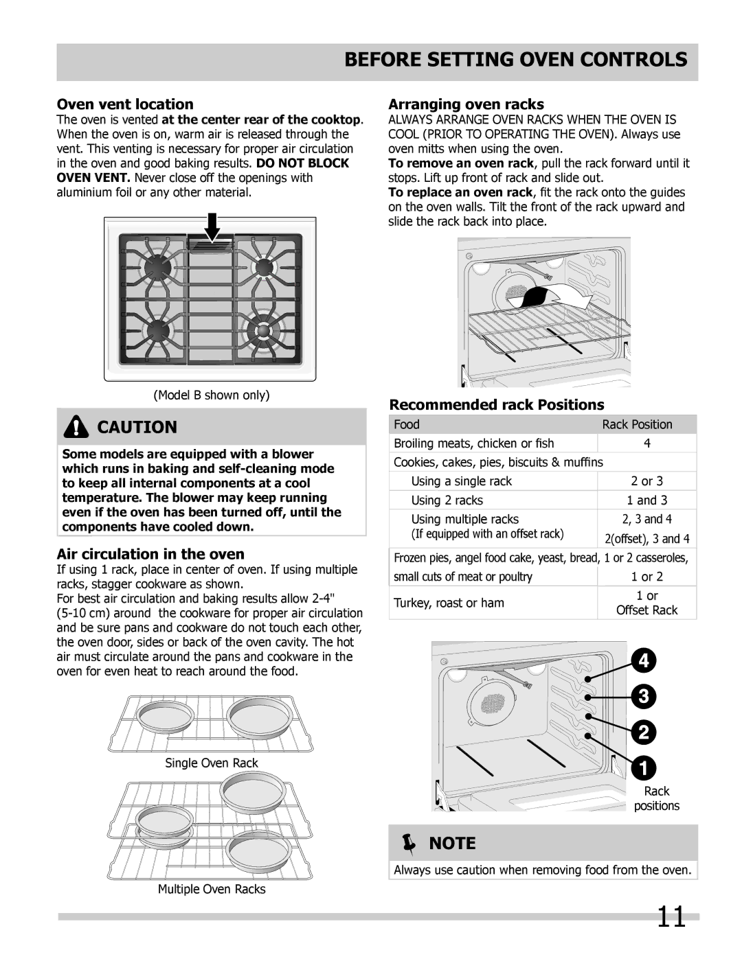 Frigidaire FGGS3065KB Before Setting Oven Controls, Oven vent location, Arranging oven racks, Air circulation in the oven 