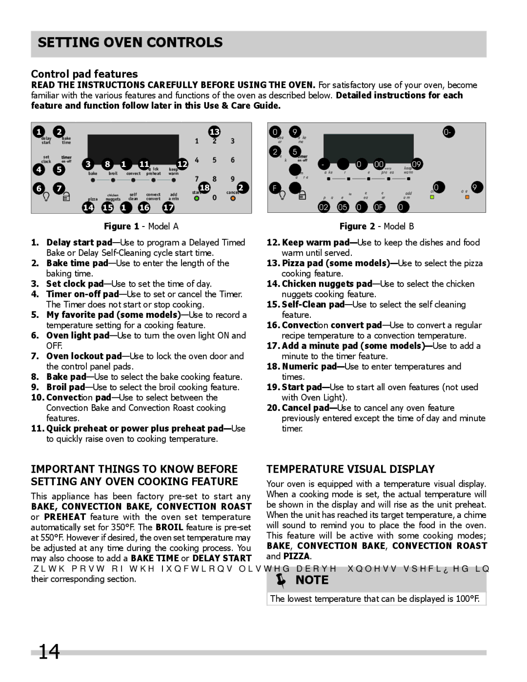 Frigidaire FPGS3085KF, FGGS3065KF, FGGS3065KW Setting Oven Controls, Control pad features, Temperature Visual Display 