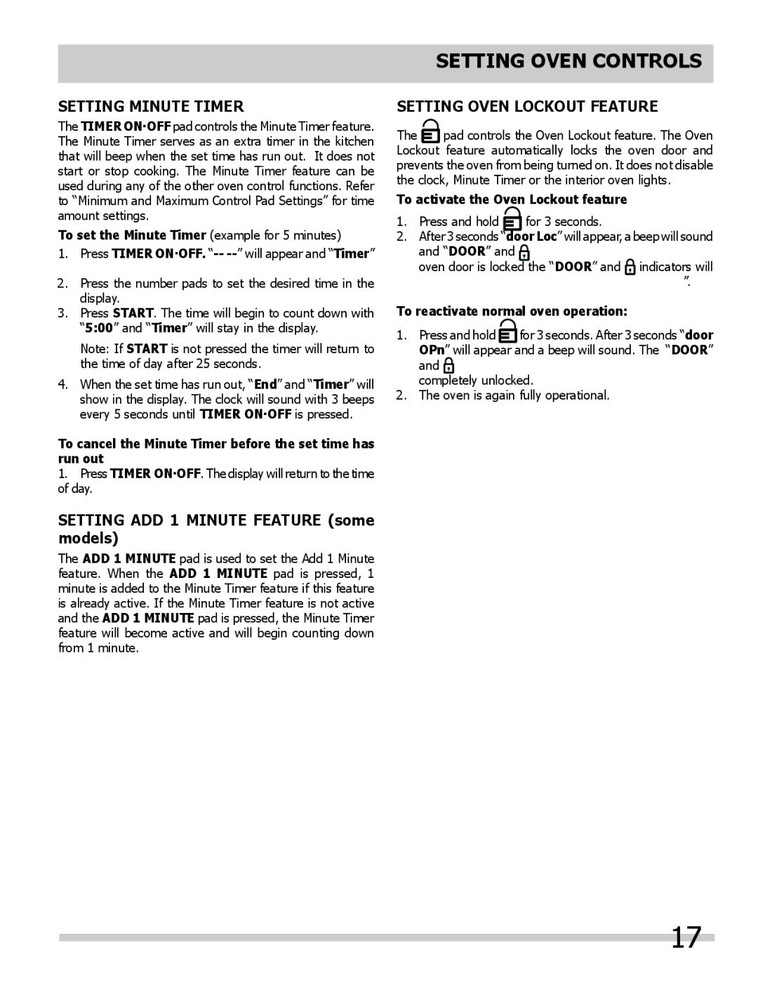 Frigidaire FGGS3045KB Setting Minute Timer, Setting ADD 1 Minute Feature some models, Setting Oven Lockout Feature 