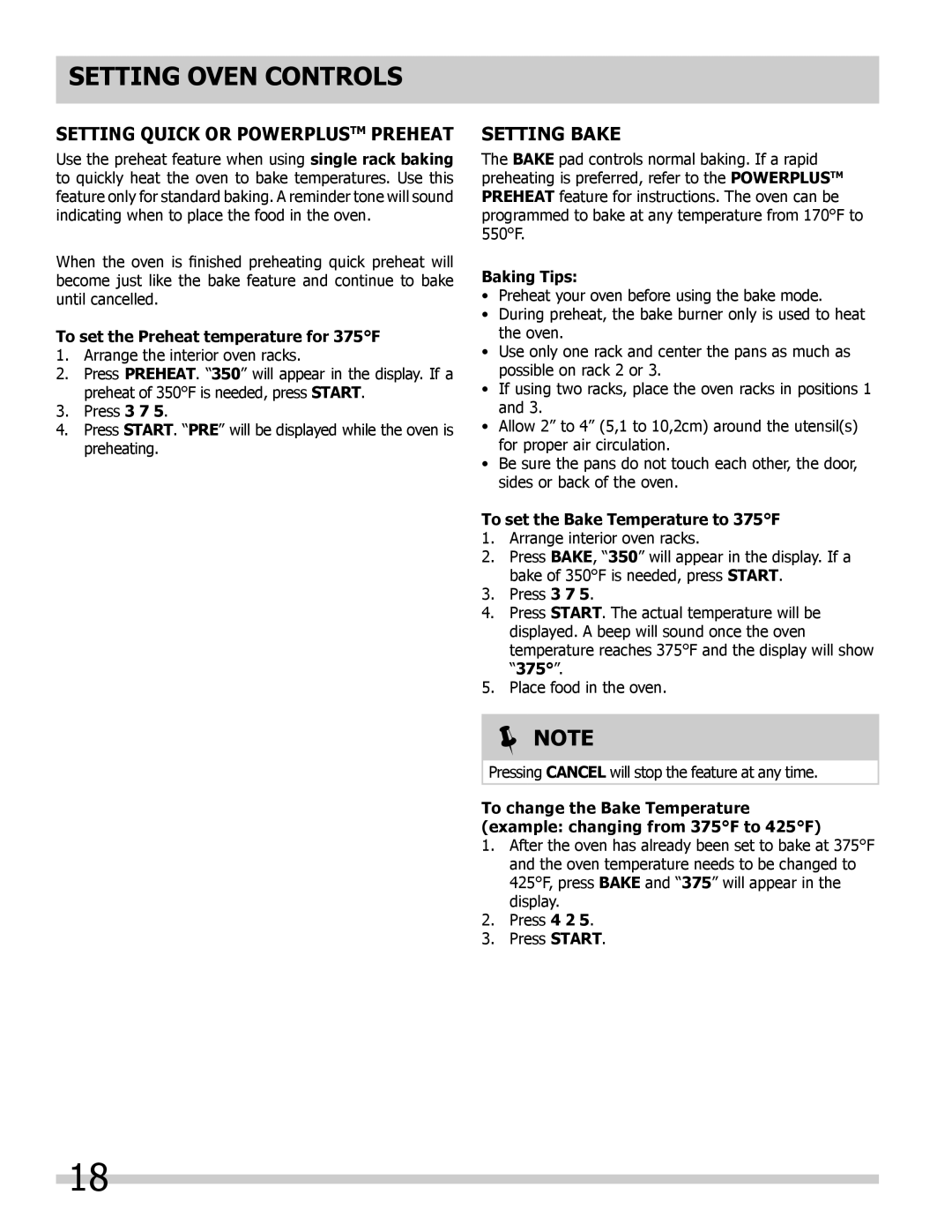 Frigidaire FGGS3065KB Setting Quick or Powerplustm Preheat, Setting Bake, To set the Preheat temperature for 375F 