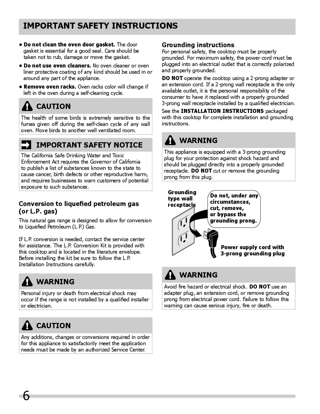 Frigidaire FGGS3045KW, FPGS3085KF, FGGS3065KF Conversion to liqueﬁed petroleum gas or L.P. gas, Grounding instructions 