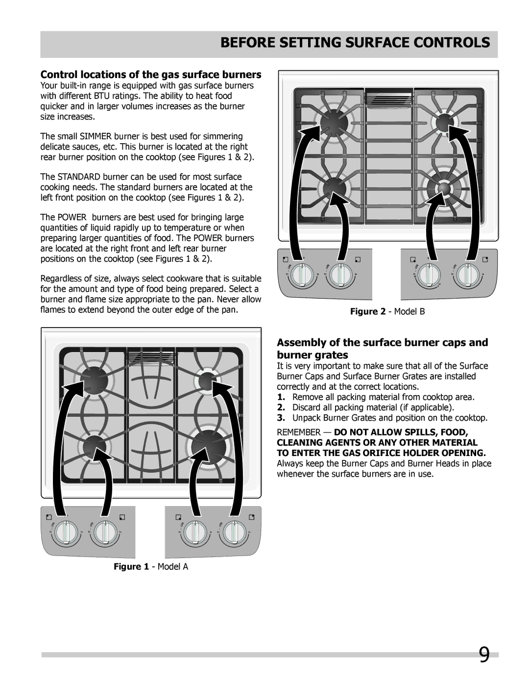 Frigidaire FGGS3065KW, FPGS3085KF, FGGS3065KF Before Setting Surface Controls, Control locations of the gas surface burners 