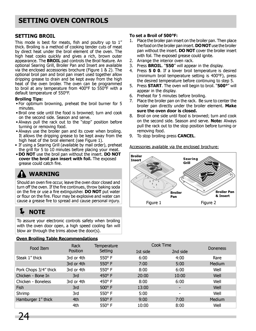 Frigidaire FGGS3045KB Setting Broil, Broiling Tips, Oven Broiling Table Recommendations, To set a Broil of 500F, Note 