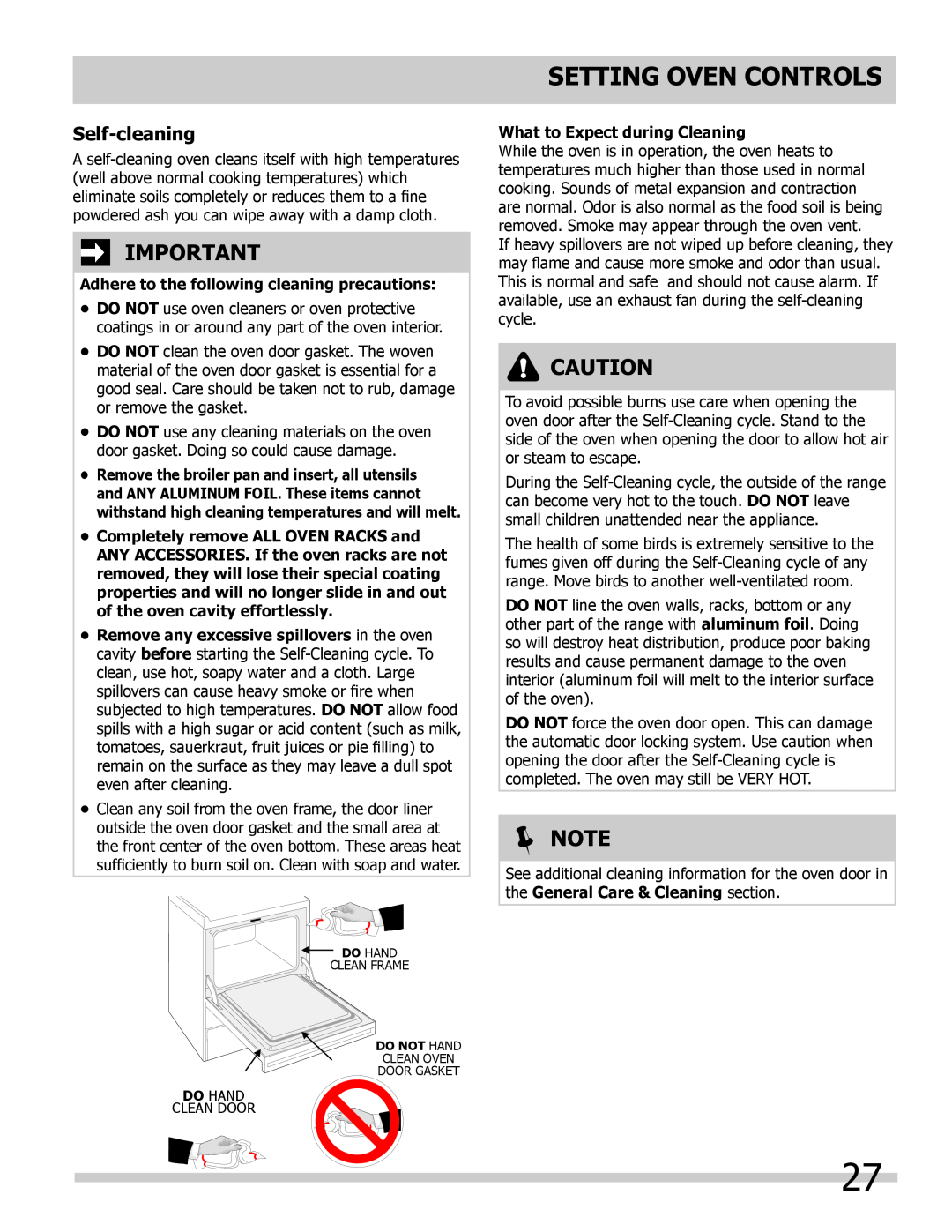 Frigidaire FGGS3045KW Self-cleaning, Adhere to the following cleaning precautions, What to Expect during Cleaning, Note 