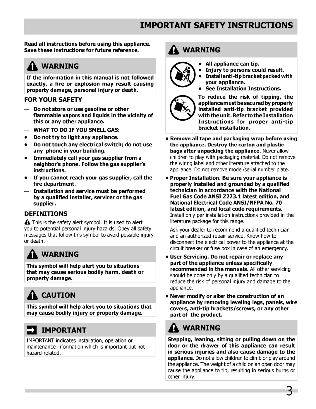 Frigidaire FGGS3045KB Important Safety Instructions, For Your Safety, Definitions, Do not store or use gasoline or other 