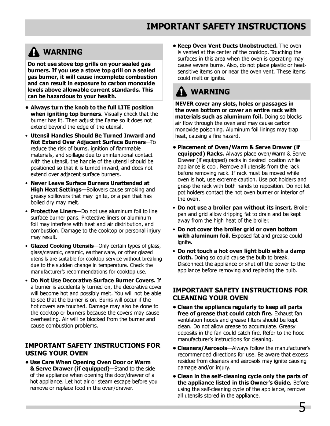 Frigidaire FGGS3045KF Important Safety Instructions For Using Your Oven, Never Leave Surface Burners Unattended at 