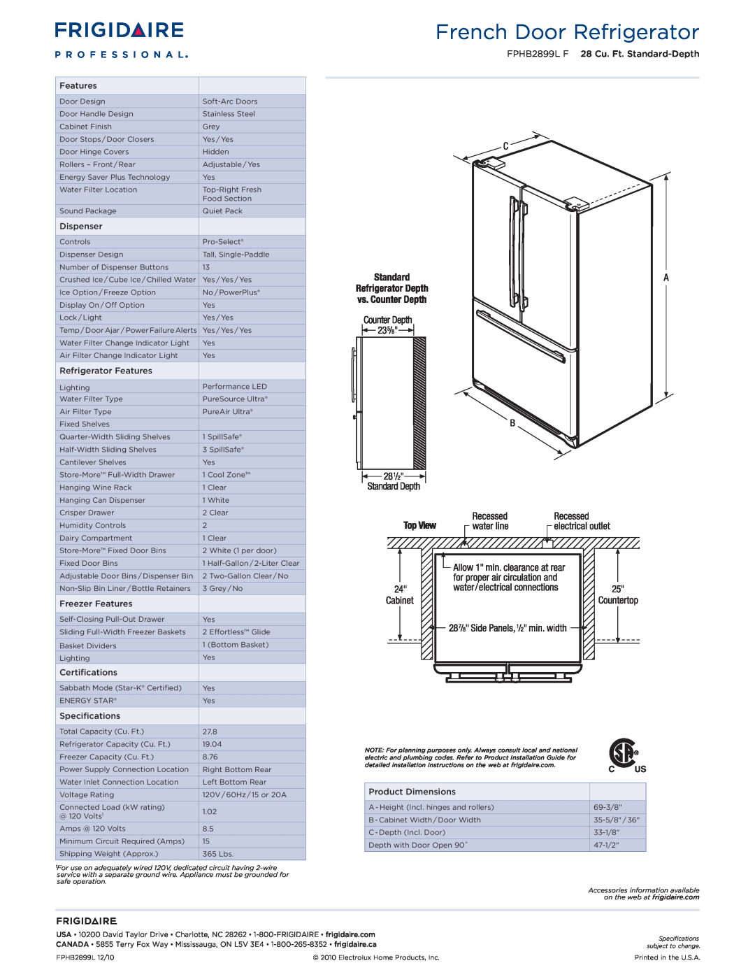 Frigidaire FPHB2899LF dimensions French Door Refrigerator, FPHB2899L F 28 Cu. Ft. Standard-Depth 