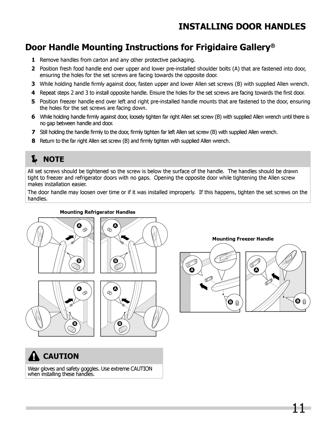 Frigidaire FPHB2899LF4 Installing Door Handles, Door Handle Mounting Instructions for Frigidaire Gallery 