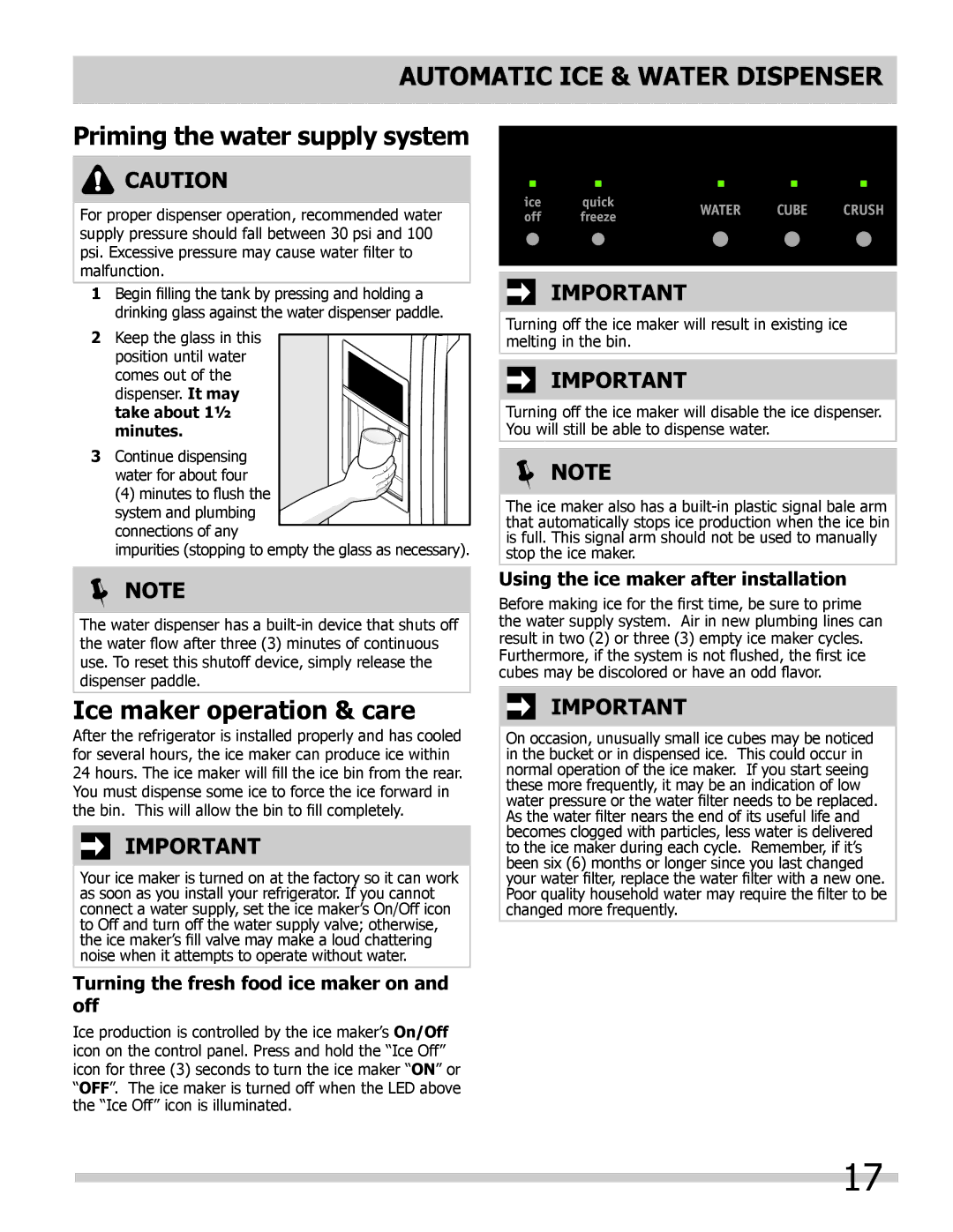 Frigidaire FPHB2899LF4 Automatic ICE & Water Dispenser, Priming the water supply system, Ice maker operation & care 