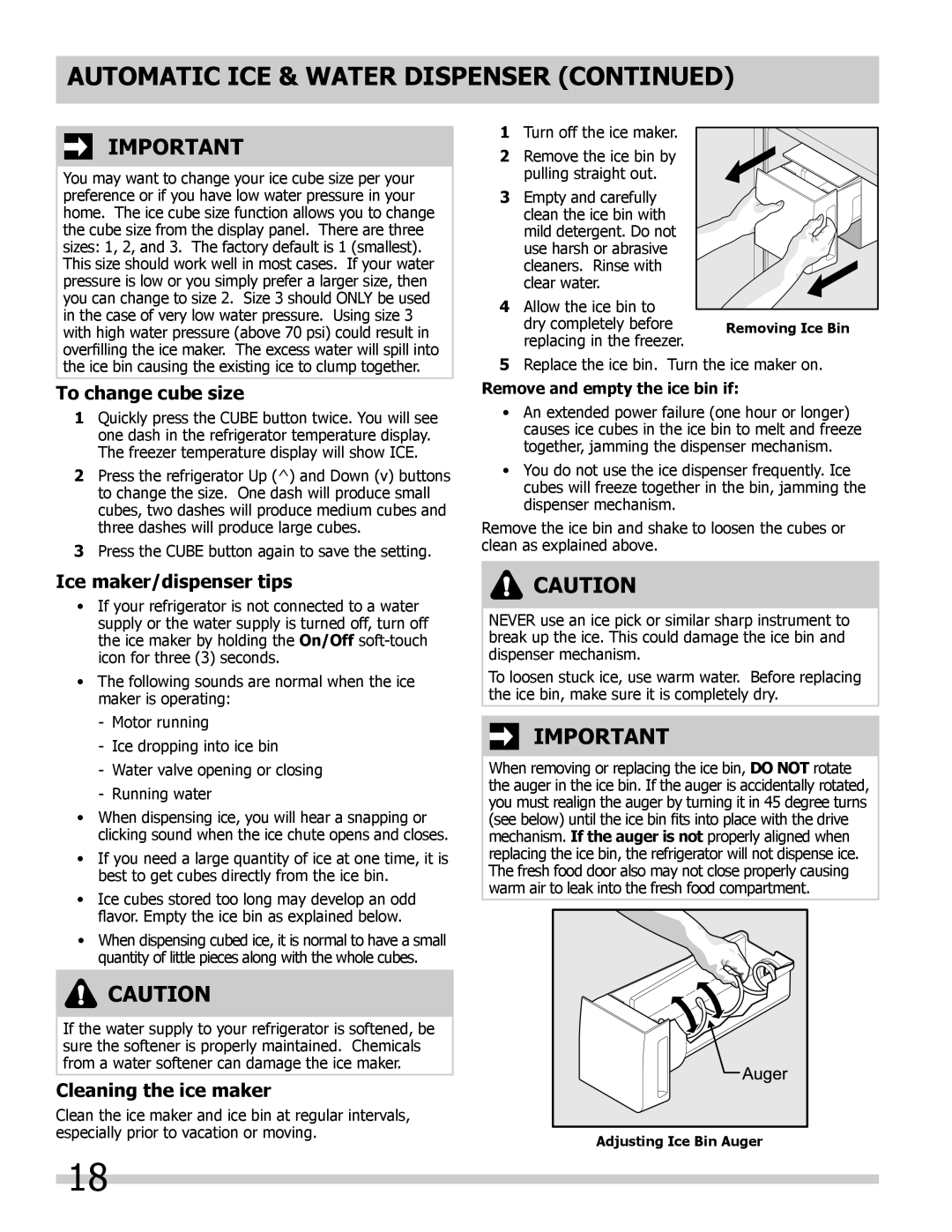 Frigidaire FPHB2899LF4 important safety instructions To change cube size, Ice maker/dispenser tips, Cleaning the ice maker 