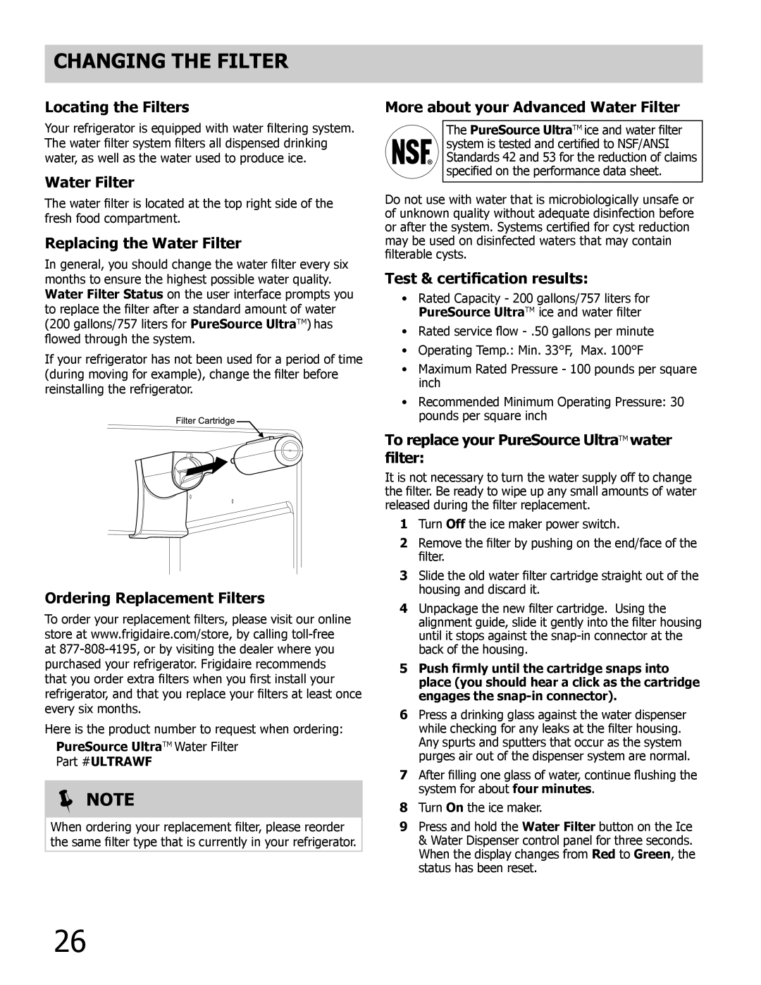 Frigidaire FPHB2899LF4 important safety instructions Changing the Filter 