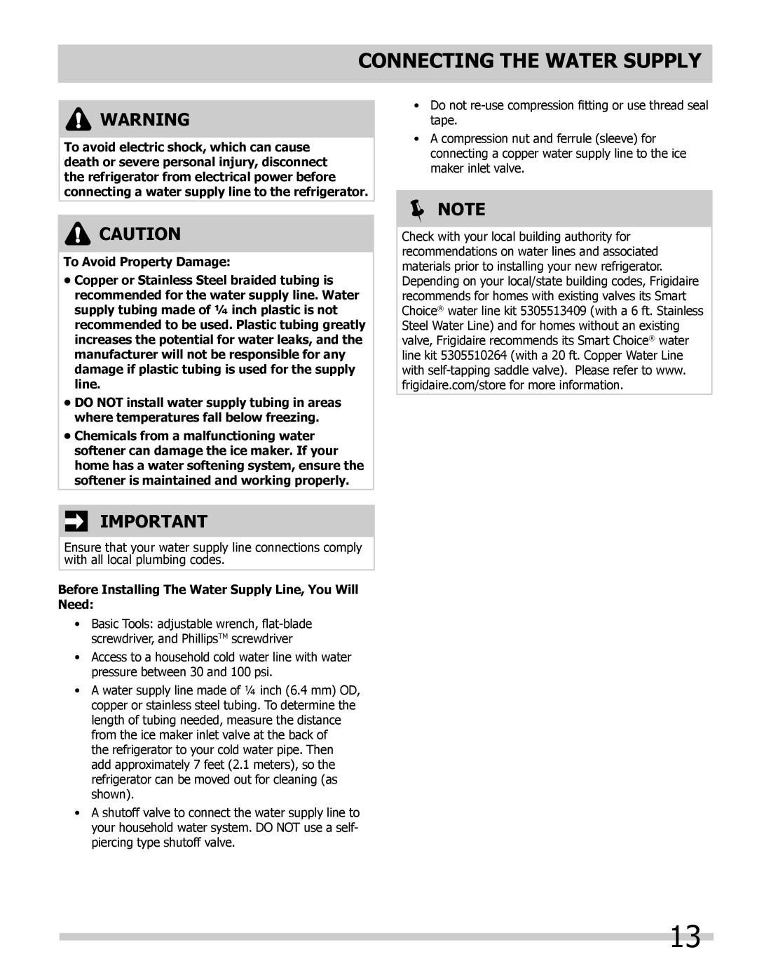 Frigidaire FPHB2899LFB manual Connecting the Water Supply, Before Installing The Water Supply Line, You Will Need 