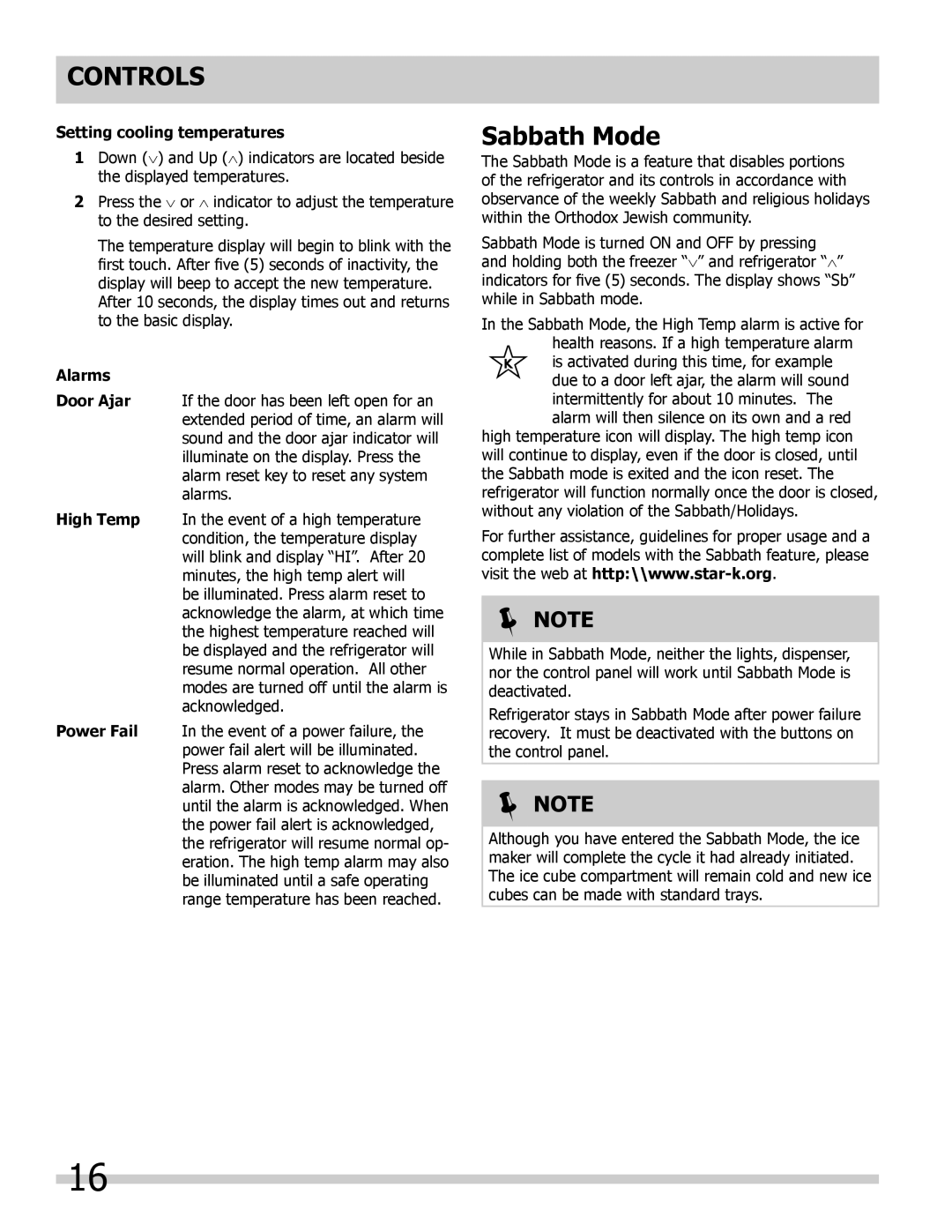 Frigidaire FPHB2899LFB manual Sabbath Mode, Setting cooling temperatures, Alarms 